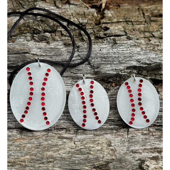 Cute Baseball Epoxy And Rhinestone Necklace Matching Earrings Oval Jewelry Set - Picture 3 of 6